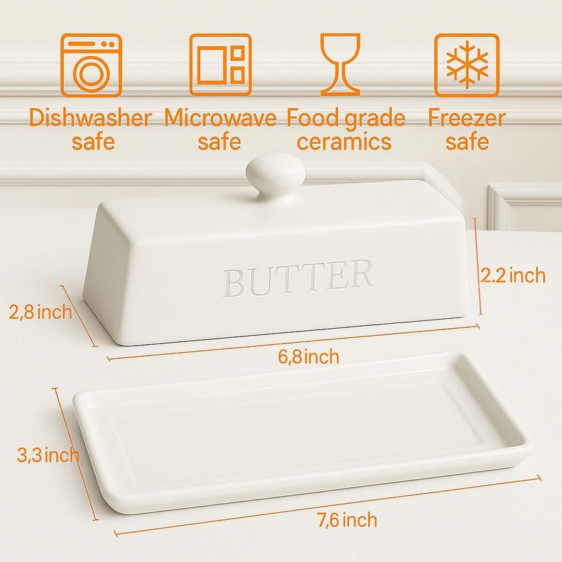 WERTIOO Butter Dish with Lid,WERTIOO Butter Dish With Lid for Countertop,7.6" x 3.3" Butter Tray,Butter Holder for 1 Stick.Textured Tray Butter Keeper for Non Slip Storage,Ceramic - White - Image 2